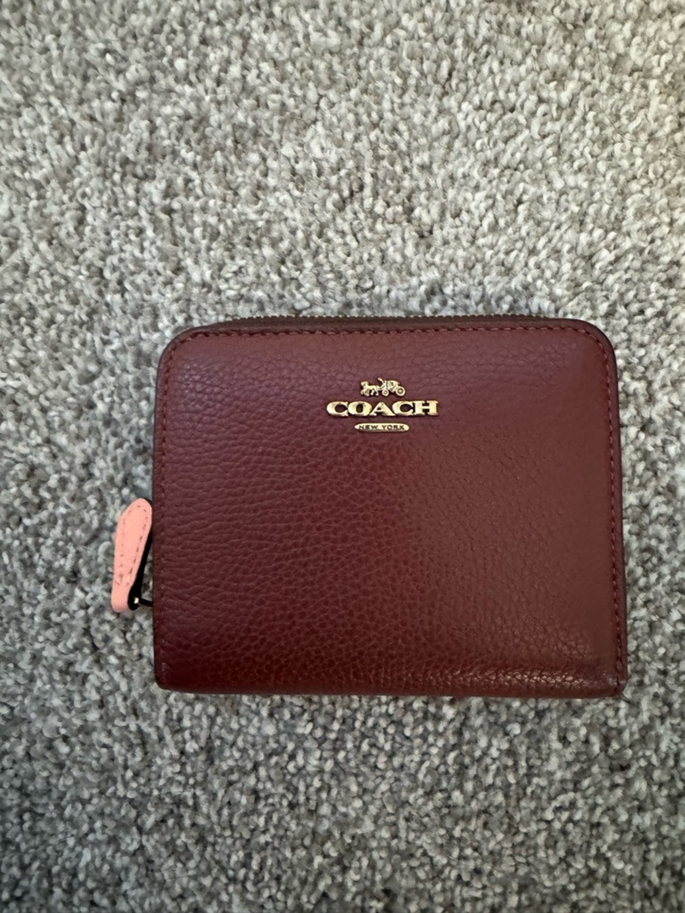 Coach Burgundy Leather Zip Wallet with Pink Tab